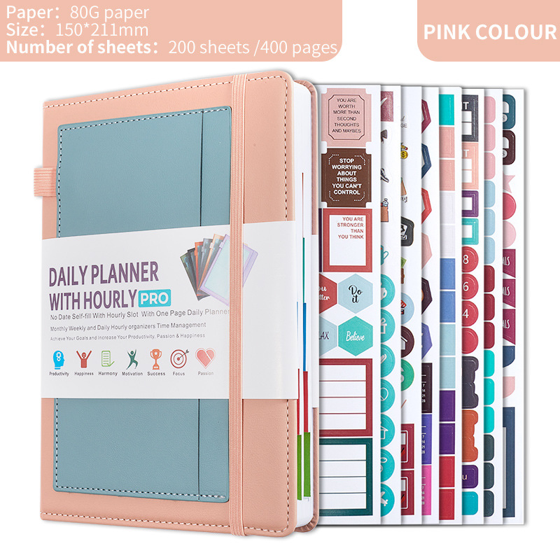 Pink A5 PU Leather Agenda for Productivity & Time Management-Undated Daily & — image 1