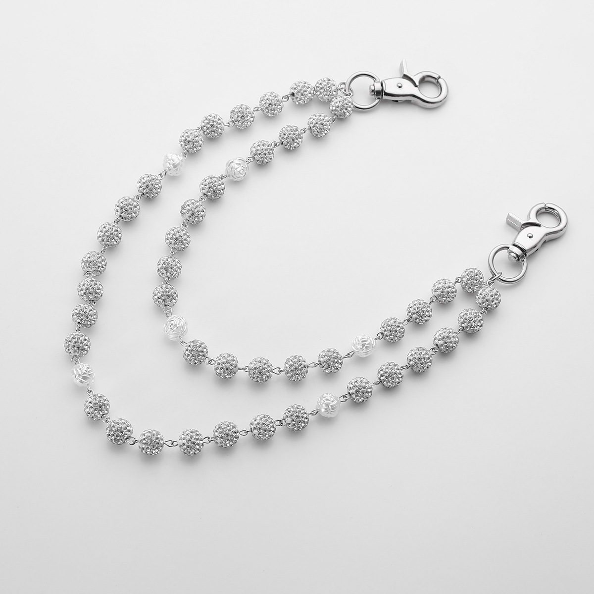 Silver and White Bling Rhinestone Beaded Wallet Chain - Double Layer Hip Hop view 3