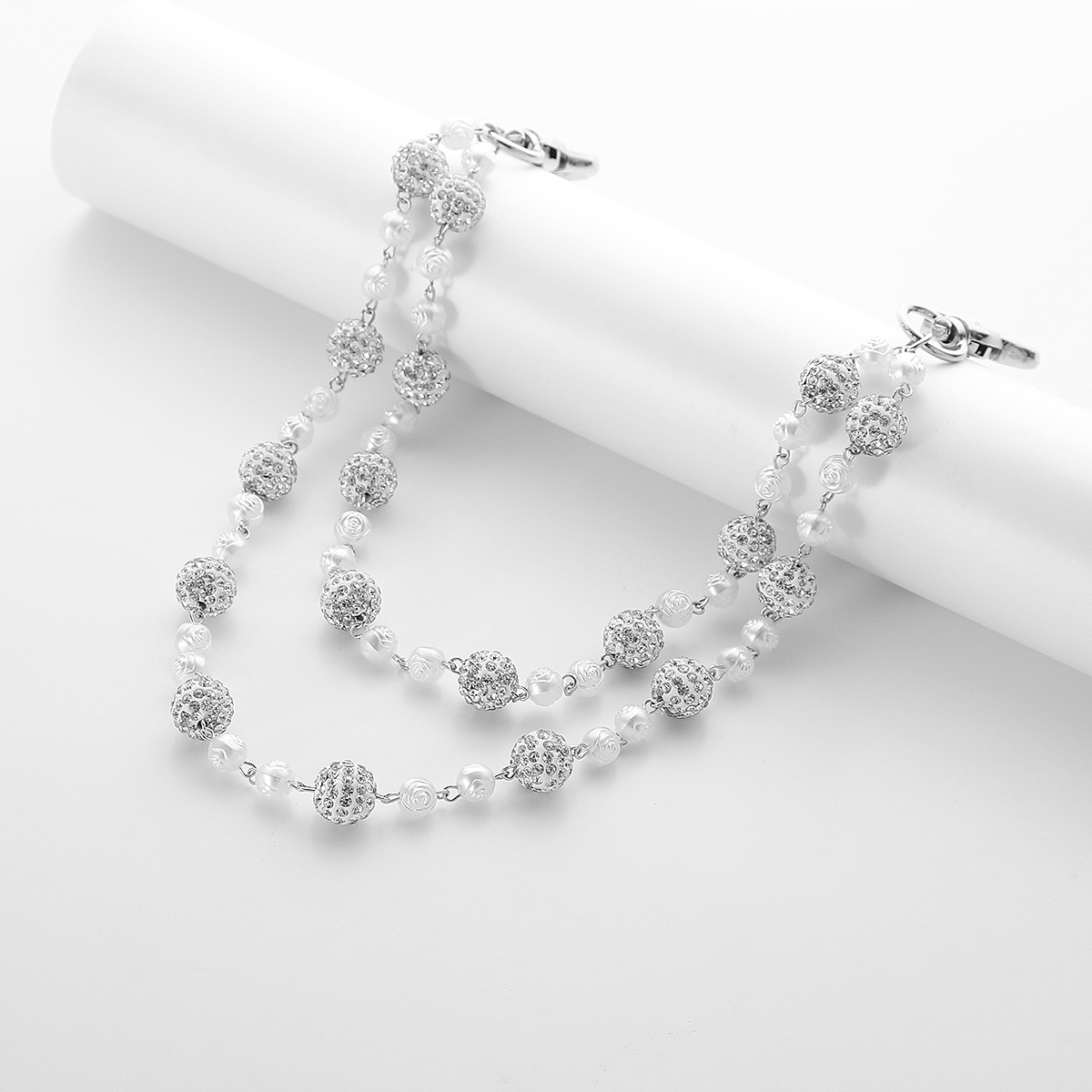 Silver and White Bling Rhinestone Beaded Wallet Chain - Double Layer Hip Hop view 3