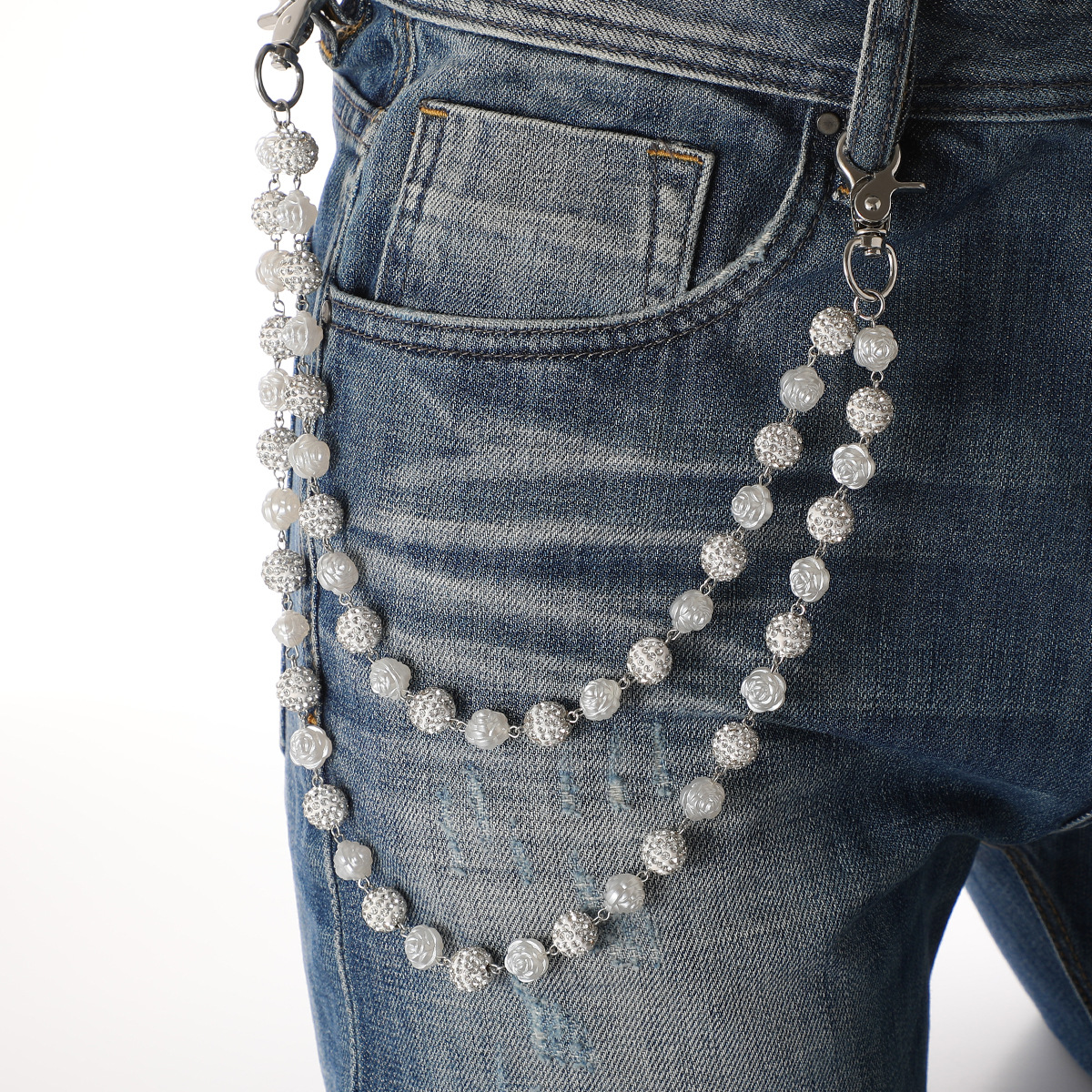 Silver and White Bling Rhinestone Beaded Wallet Chain - Double Layer Hip Hop