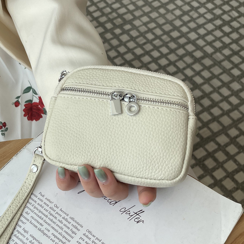 Beige Women's Mini Genuine Leather Coin Purse Double Zipper Organiser