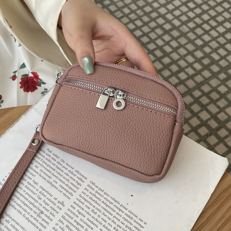 Dark Pink Women's Mini Genuine Leather Coin Purse Double Zipper Organiser