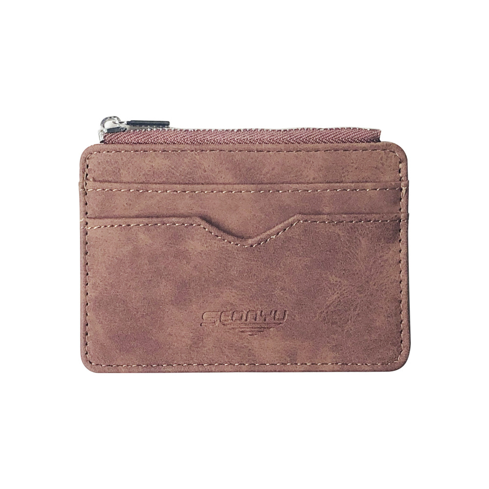 2 Pcs Brown Men's Slim Frosted PU Leather Card Holder Wallet with Zip Coin