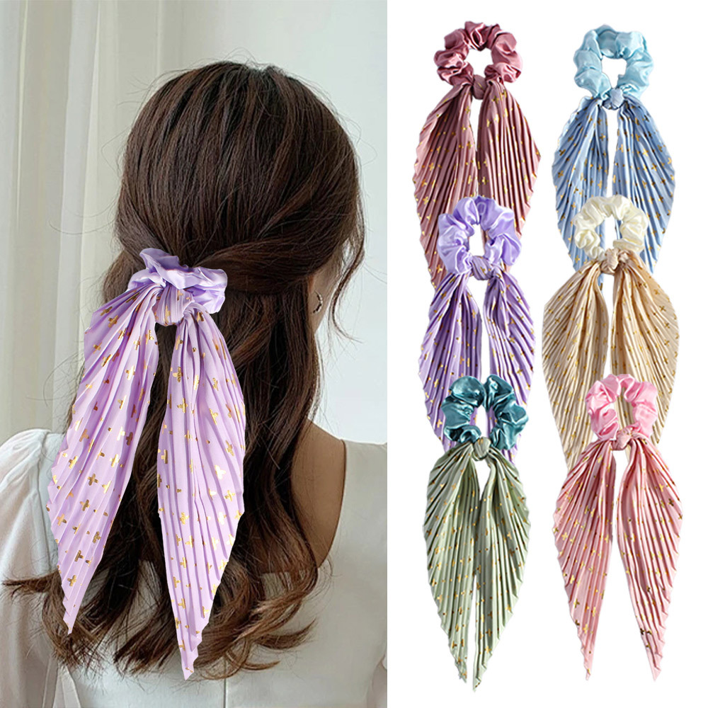 Handmade Pleated Scrunchie with Ribbon Ponytail Holder Hair Tie Hair view 4