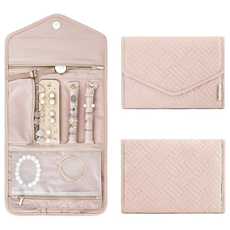 Pink Portable Jewelry Roll Bag Travel Organiser High-End Delicate Accessories