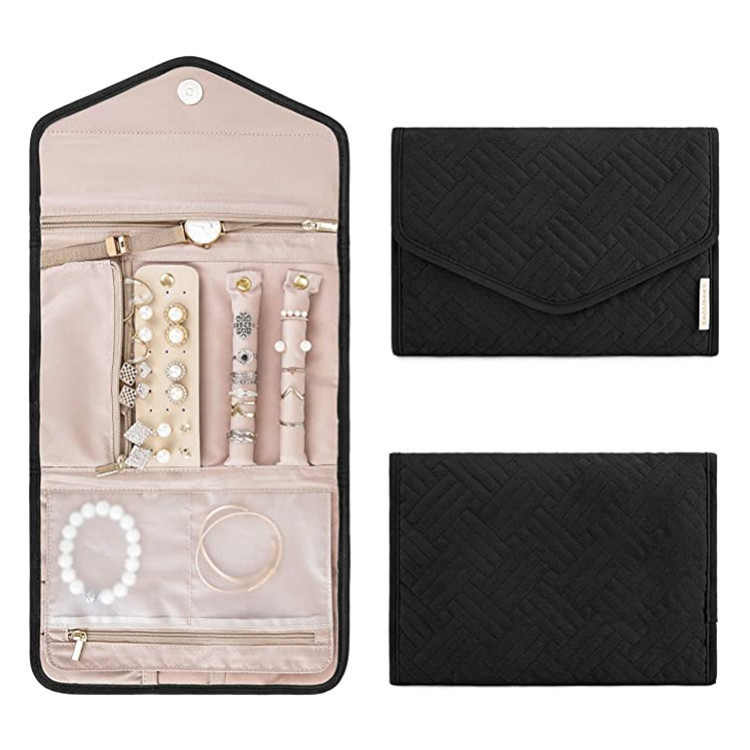Black Portable Jewelry Roll Bag Travel Organiser High-End Delicate Accessories