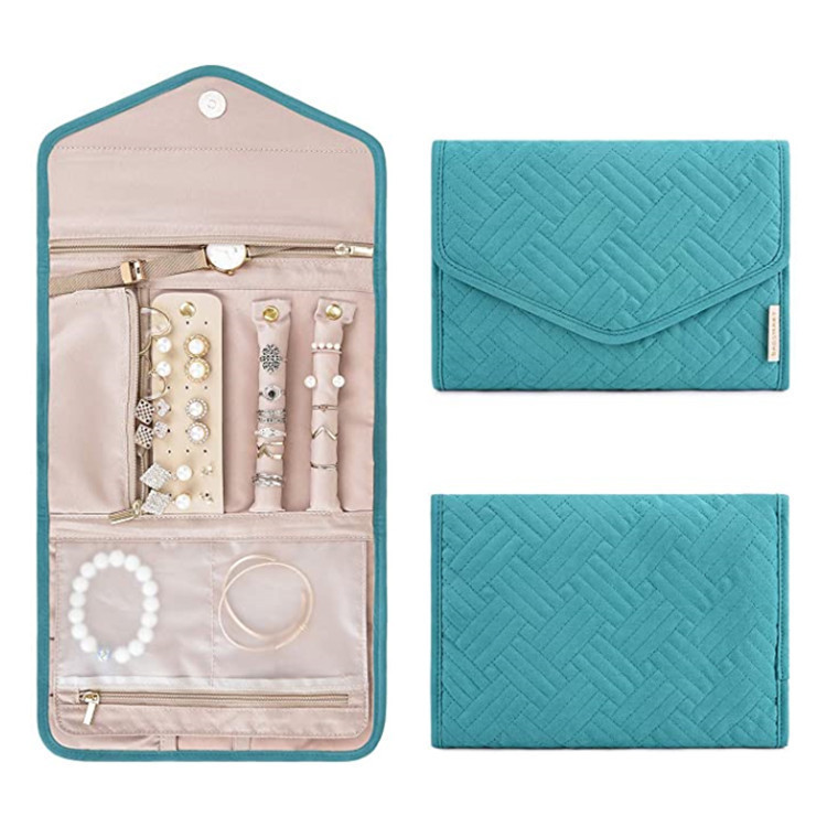 Blue Portable Jewelry Roll Bag Travel Organiser High-End Delicate Accessories