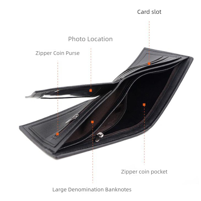 Dark Brown Men's PU Leather Bifold Wallet - Slim Short Design with Zipper Coin view 4