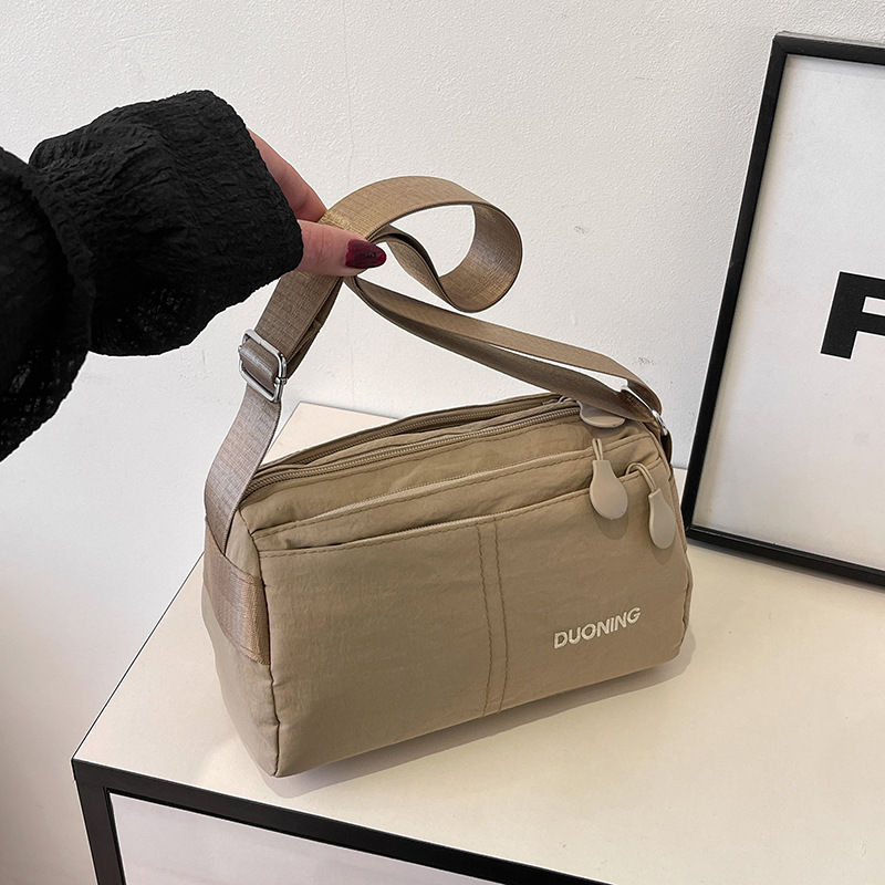 Khaki Women's Lightweight Nylon Crossbody Bag - Multi-Layer Shoulder Purse