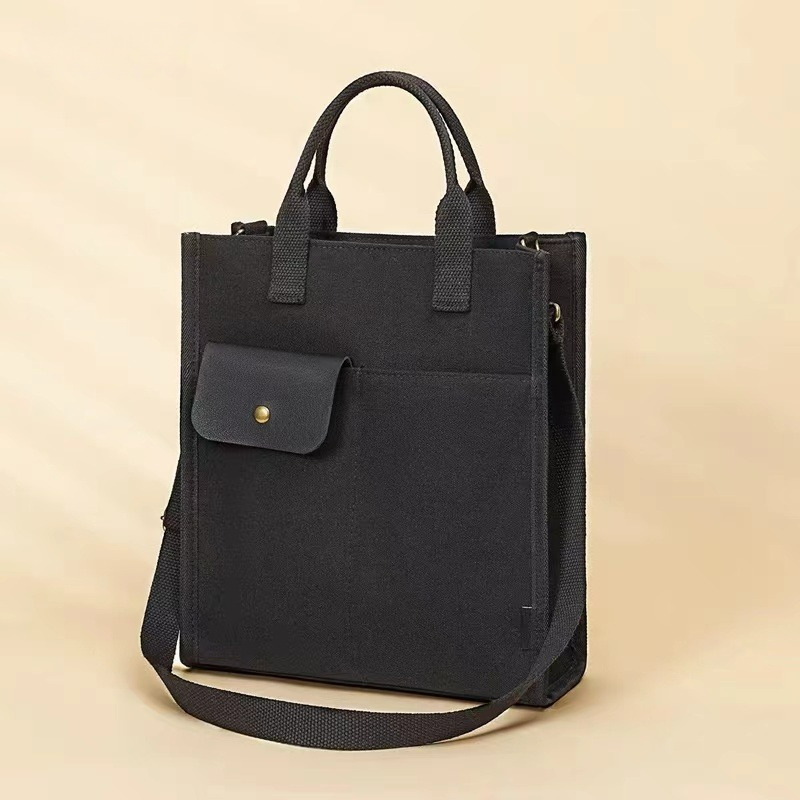 Black Unisex Canvas Tote Bag - Structured Vertical Shoulder Satchel with Front