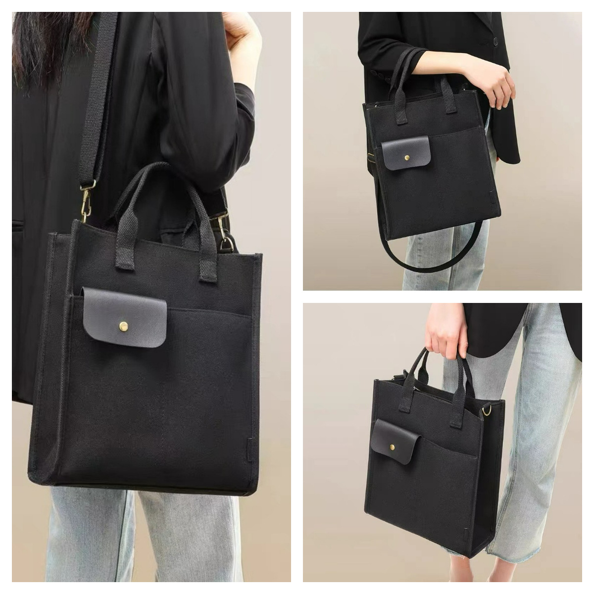 Black Unisex Canvas Tote Bag - Structured Vertical Shoulder Satchel with Front view 2
