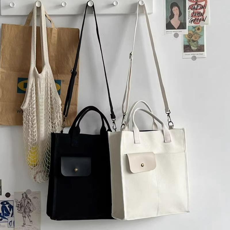 Black Unisex Canvas Tote Bag - Structured Vertical Shoulder Satchel with Front view 3