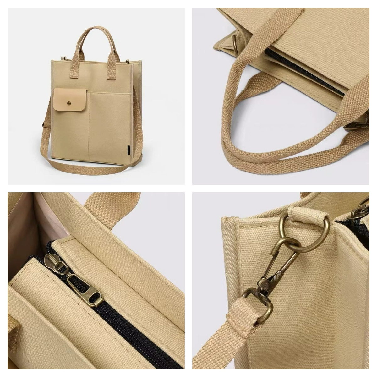 Black Unisex Canvas Tote Bag - Structured Vertical Shoulder Satchel with Front view 6