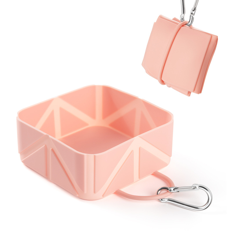 2 Pcs Pink Portable 500ml Collapsible Square Pet Bowl - Silicone Travel Feeder
