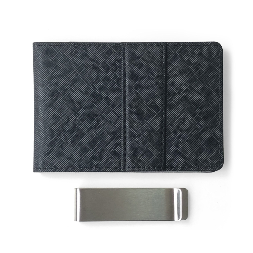 Black Men's Slim Bifold Money Clip Wallet - Saffiano Texture PU Leather with view 5