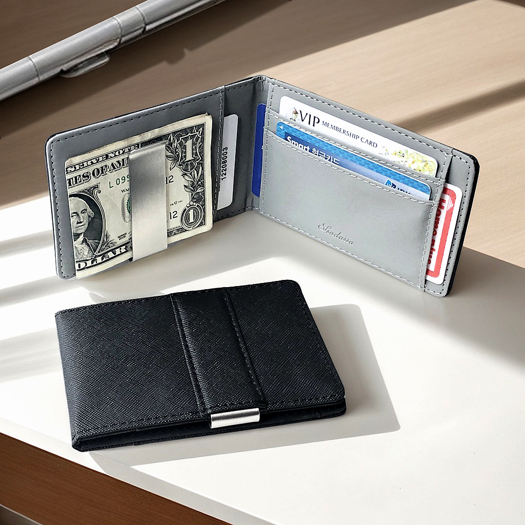 Grey Men's Slim Bifold Money Clip Wallet - Saffiano Texture PU Leather with view 2