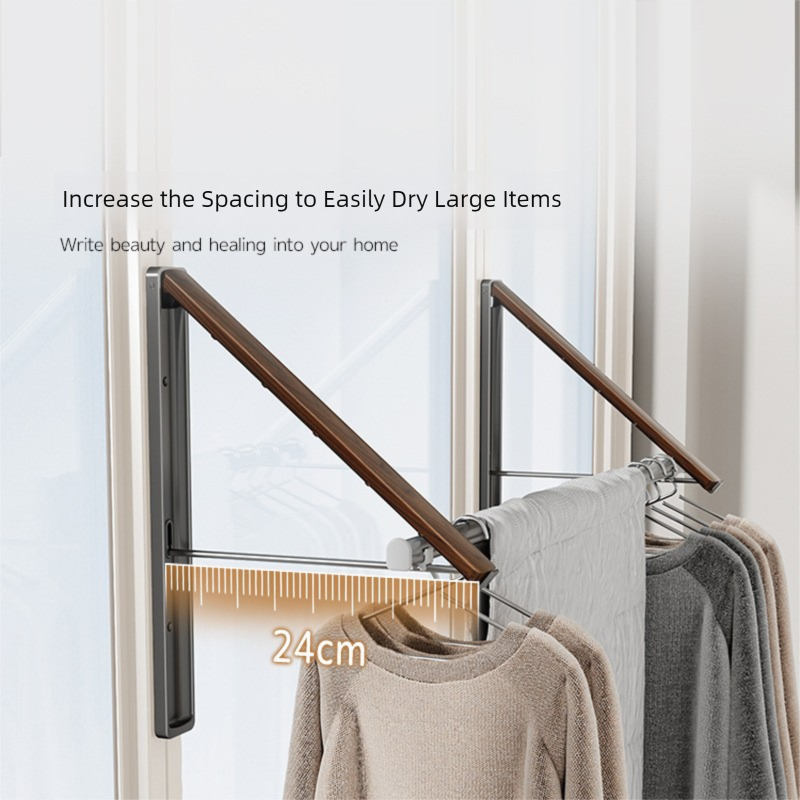 1 Pack White and Brown Wall Mounted Foldable Clothes Hanger Rack - Retractable view 3