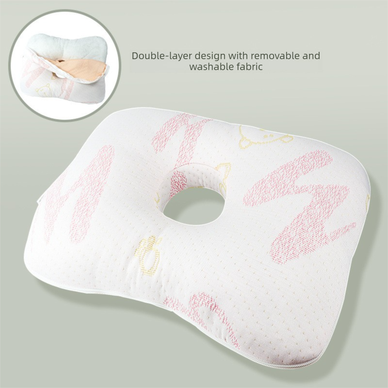 White and Pink Ergonomic Ear Pillow with Hole for Side Sleepers - Pressure