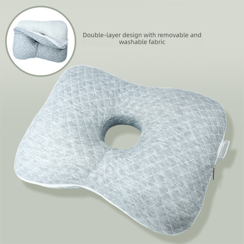 Grey Ergonomic Ear Pillow with Hole for Side Sleepers - Pressure Relief
