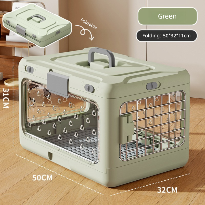 Green Premium Foldable Pet Carrier Crate - Breathable Aviation Travel Box for