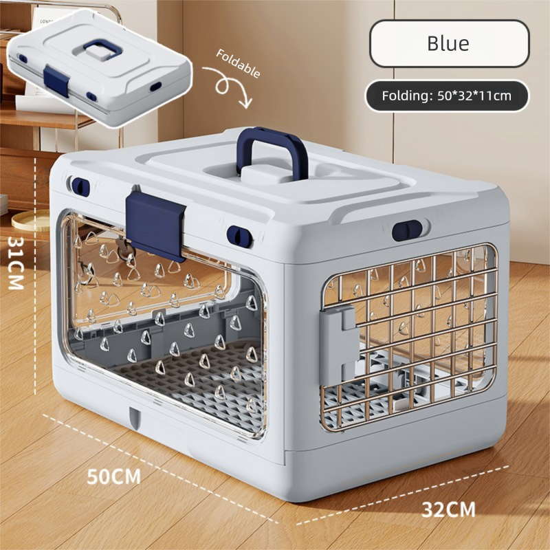 Blue Premium Foldable Pet Carrier Crate - Breathable Aviation Travel Box for