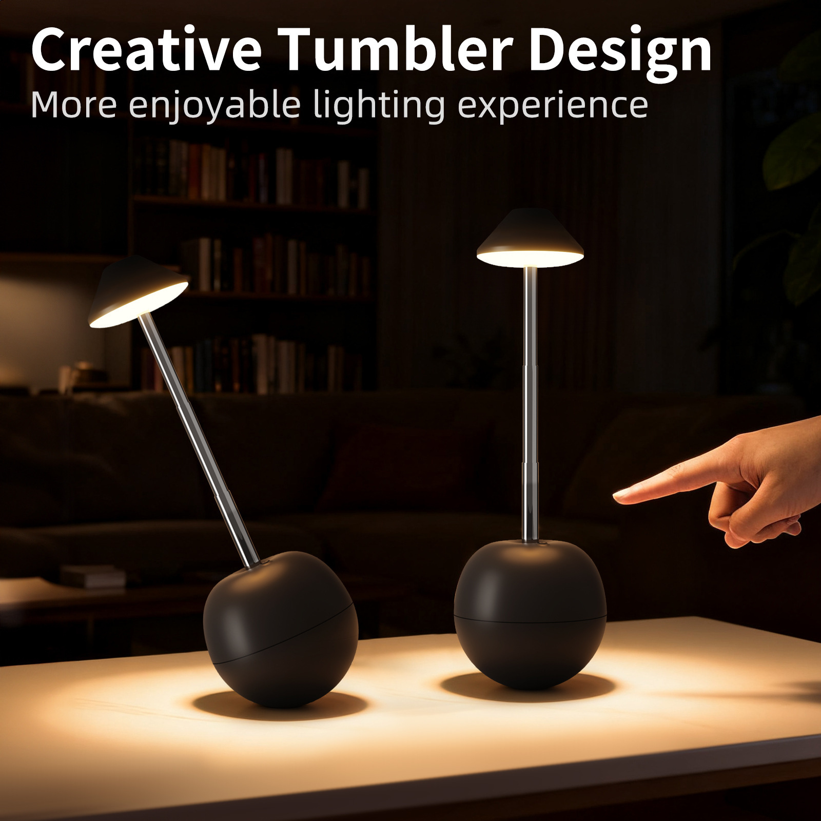Black Creative Tumbler LED Night Light - Rechargeable RGB Desk Lamp with