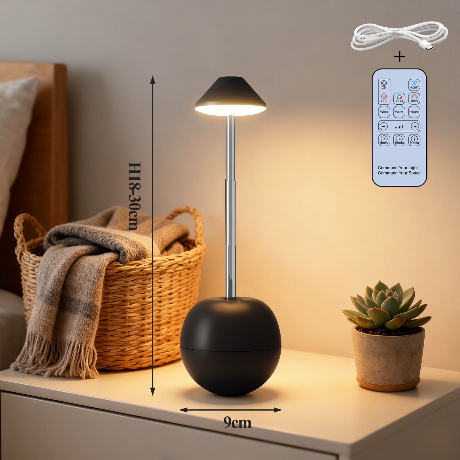 Black Creative Tumbler LED Night Light - Rechargeable RGB Desk Lamp with view 2