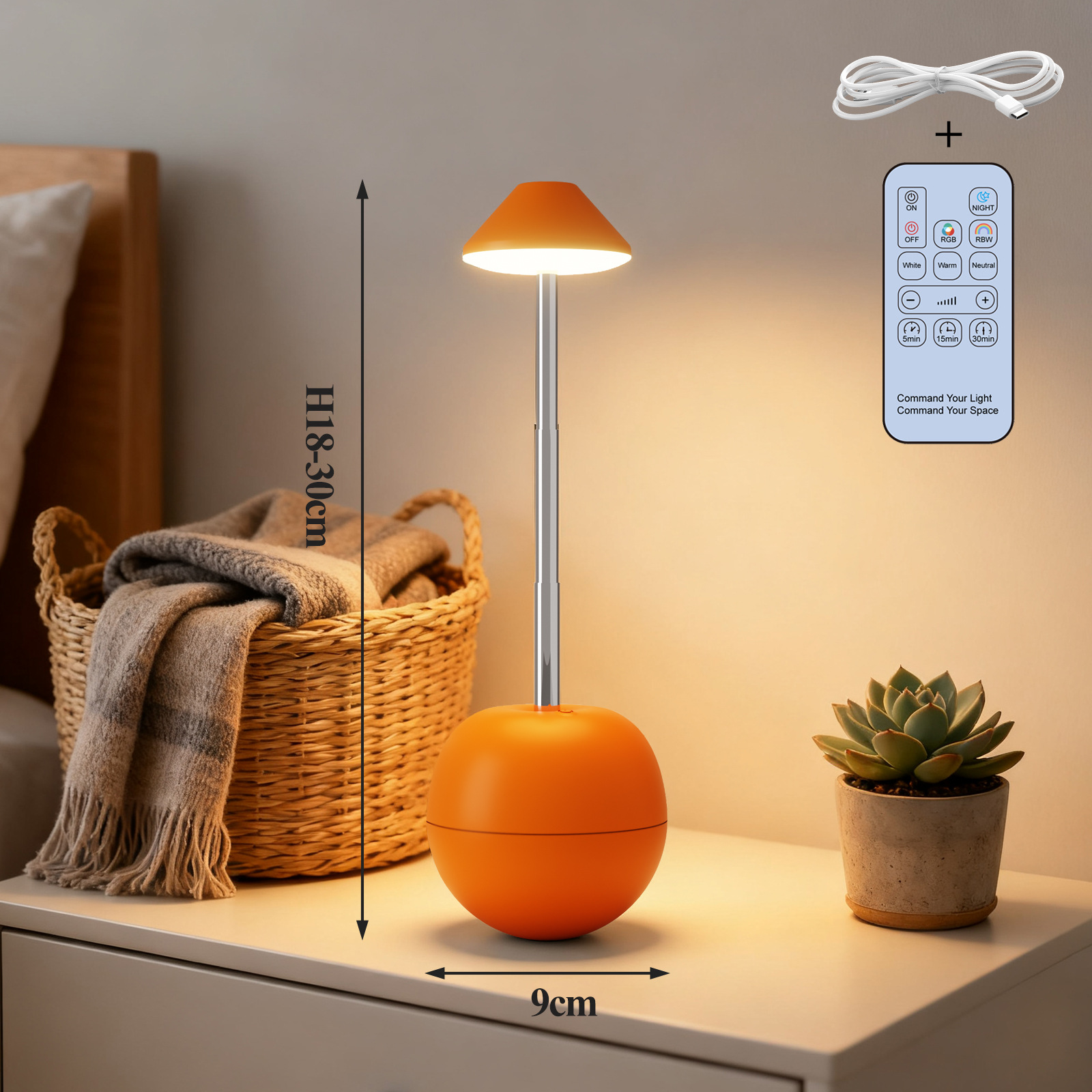 Orange Creative Tumbler LED Night Light - Rechargeable RGB Desk Lamp with view 2