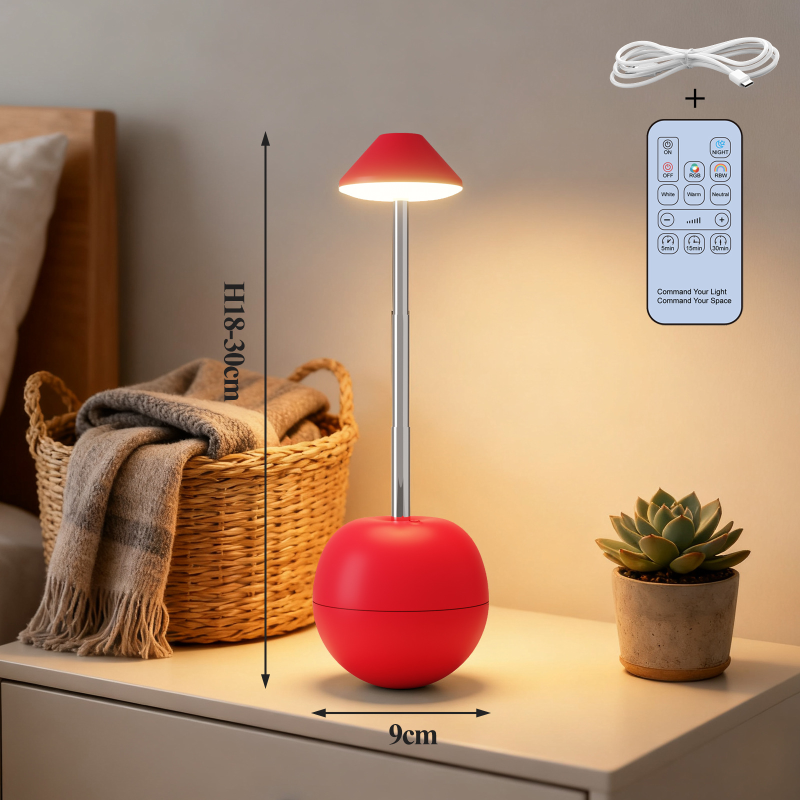 Red Creative Tumbler LED Night Light - Rechargeable RGB Desk Lamp with Remote view 2
