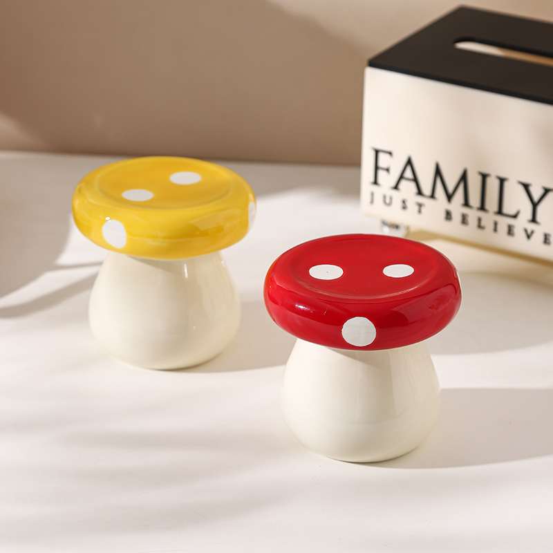 Red Stylish Mushroom Ceramic Toothpick Holder and Cotton Swab Jar for Home view 3