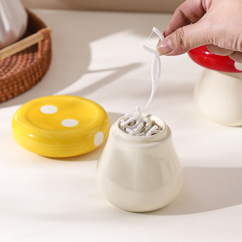 Red Stylish Mushroom Ceramic Toothpick Holder and Cotton Swab Jar for Home view 5