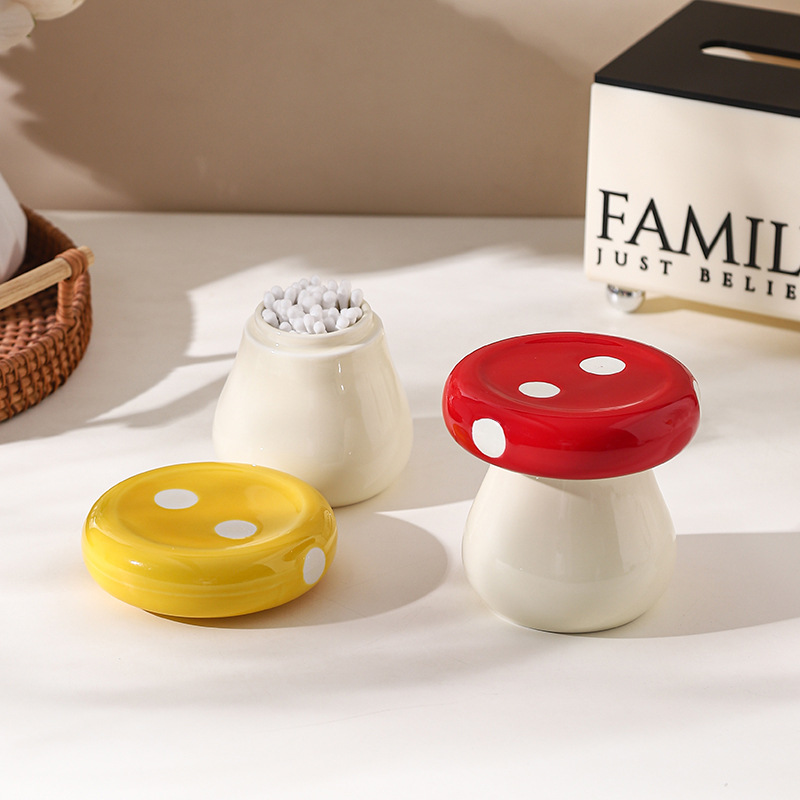 Yellow Stylish Mushroom Ceramic Toothpick Holder and Cotton Swab Jar for Home view 2