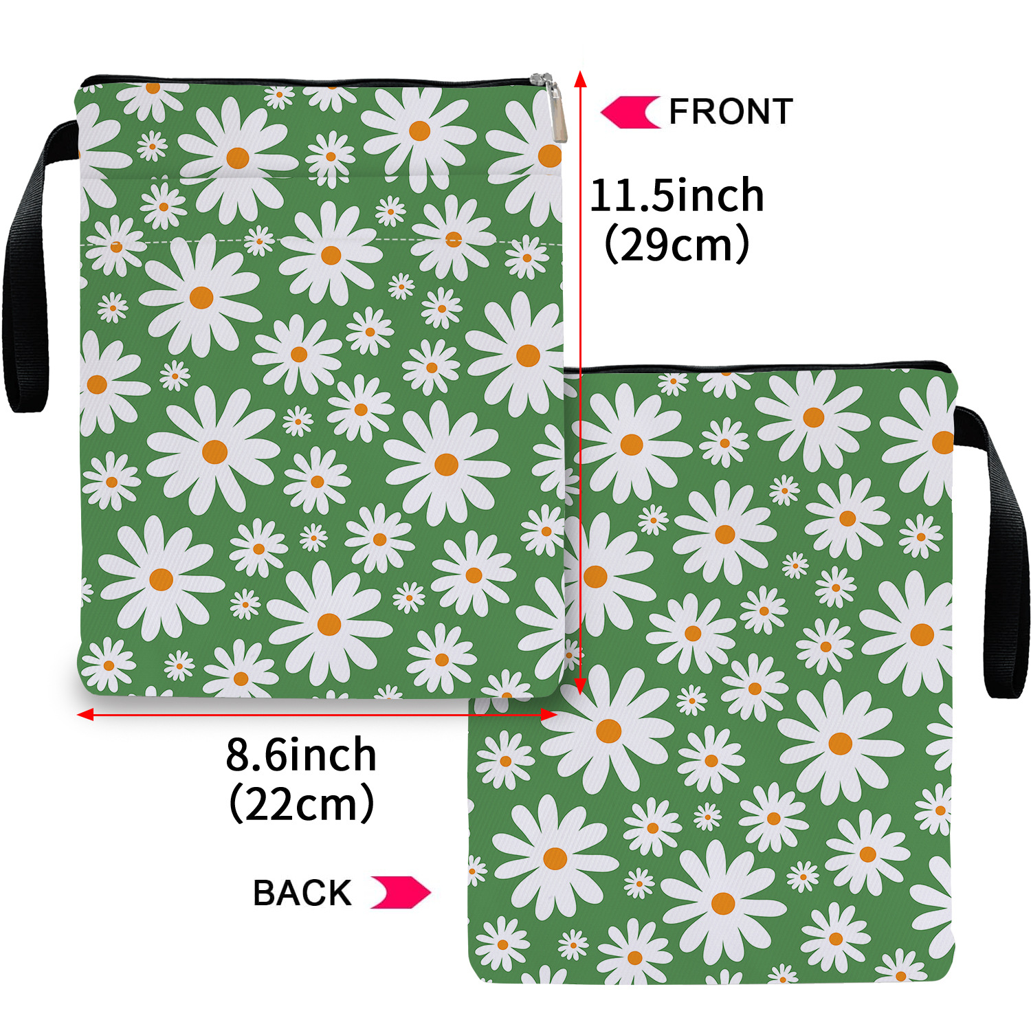 Green Floral pattern book cover with zippered pocket - Lightweight polyester view 3