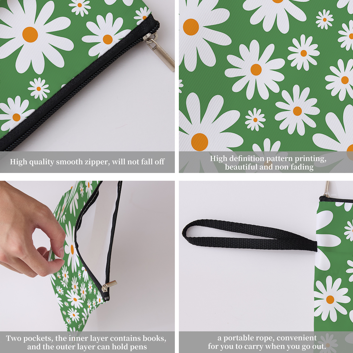 Green Floral pattern book cover with zippered pocket - Lightweight polyester view 5