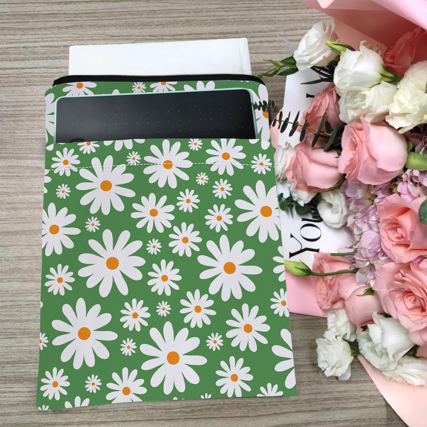 Blue Floral pattern book cover with zippered pocket - Lightweight polyester view 6