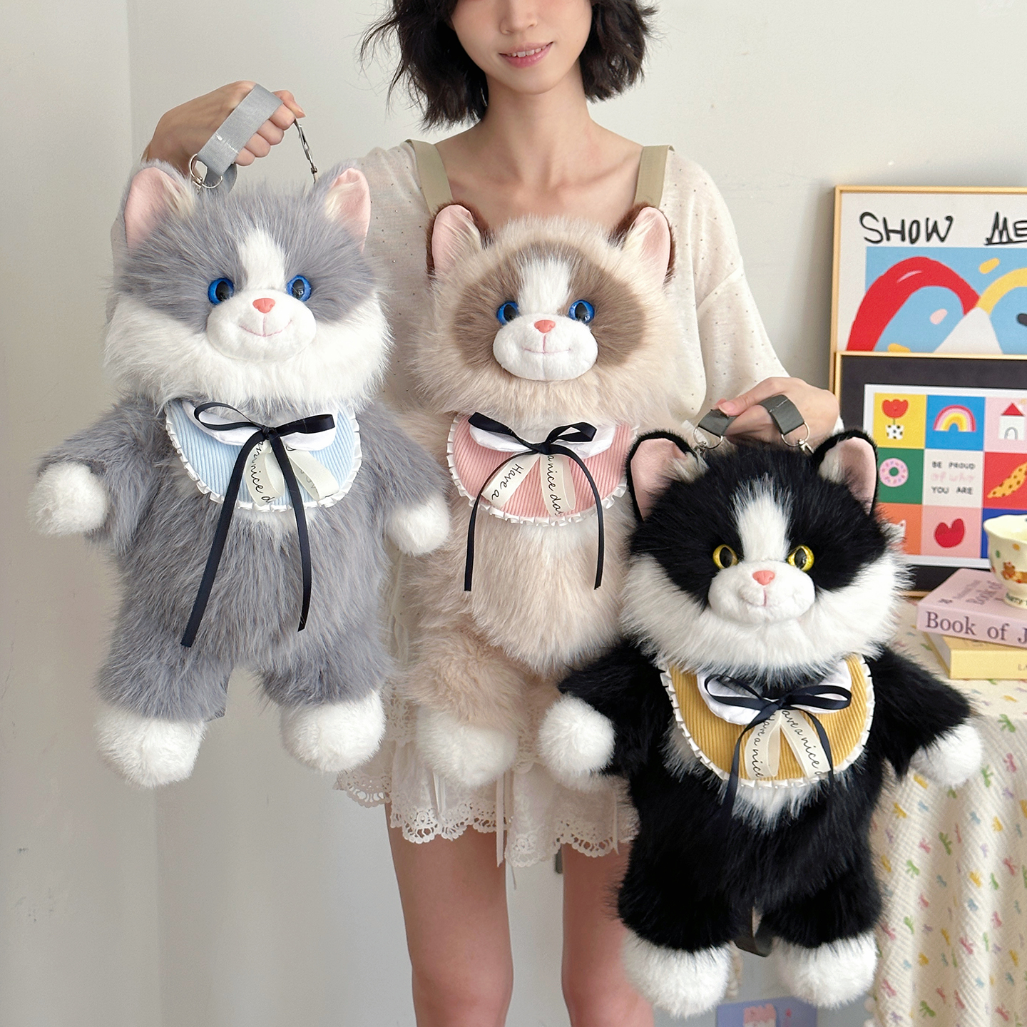 Grey Adorable Plush Cat Backpack - Soft Furry Doll Bag with Zipper Compartment view 2