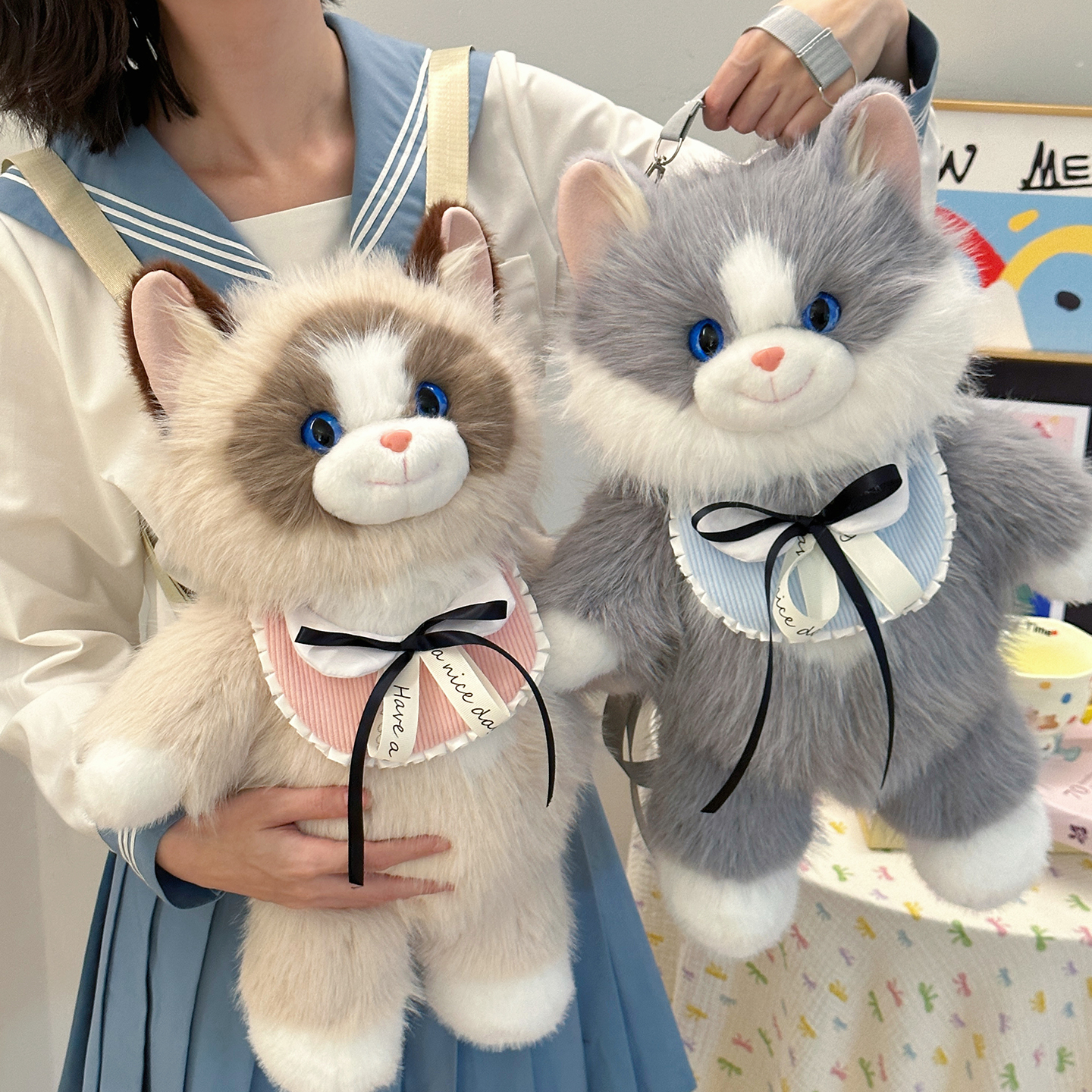 Grey Adorable Plush Cat Backpack - Soft Furry Doll Bag with Zipper Compartment view 3