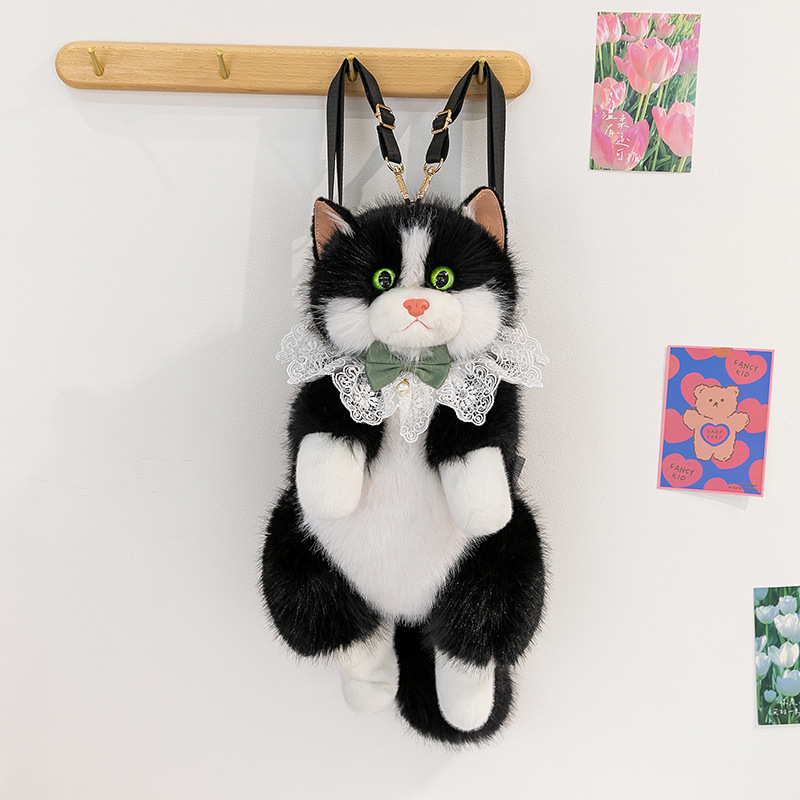 Black Adorable Plush Cat Backpack - Soft Furry Doll Bag with Zipper