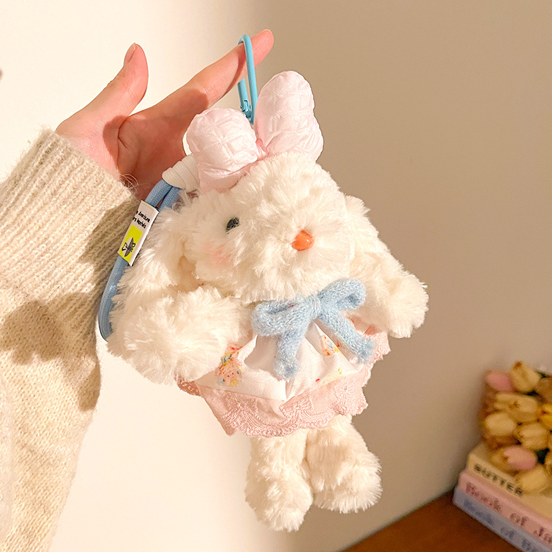 Light Pink Cute Floppy Eared Bunny Plush Doll with Pearl Necklace and Ribbon