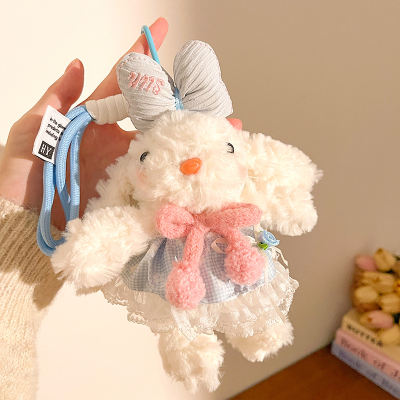 Blue and Pink Cute Floppy Eared Bunny Plush Doll with Pearl Necklace and