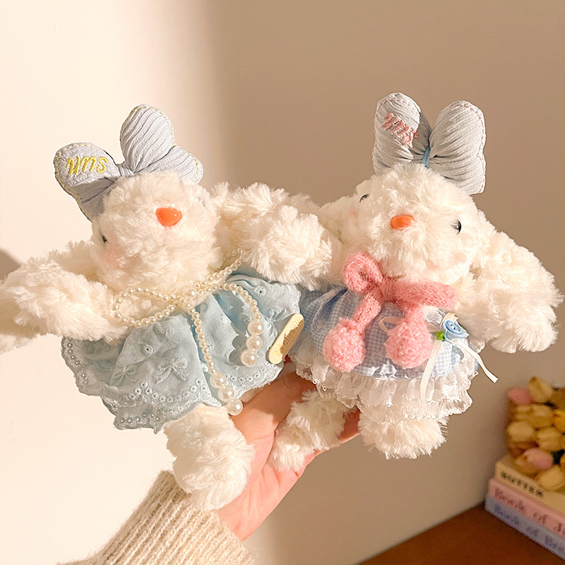 Blue and Pink Cute Floppy Eared Bunny Plush Doll with Pearl Necklace and view 2