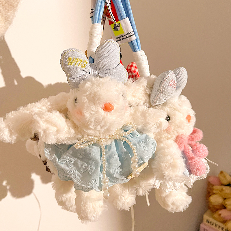 Blue and Pink Cute Floppy Eared Bunny Plush Doll with Pearl Necklace and view 3