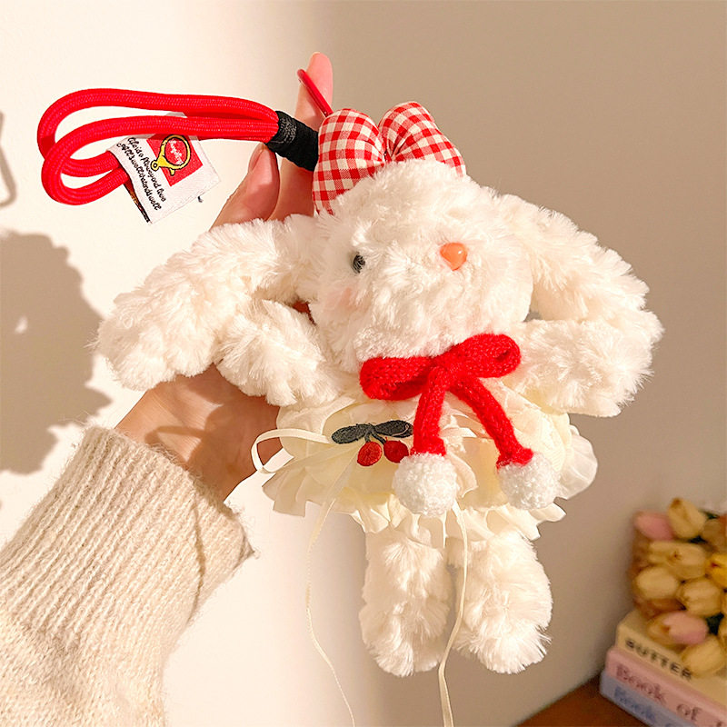 Red Cute Floppy Eared Bunny Plush Doll with Pearl Necklace and Ribbon Dress