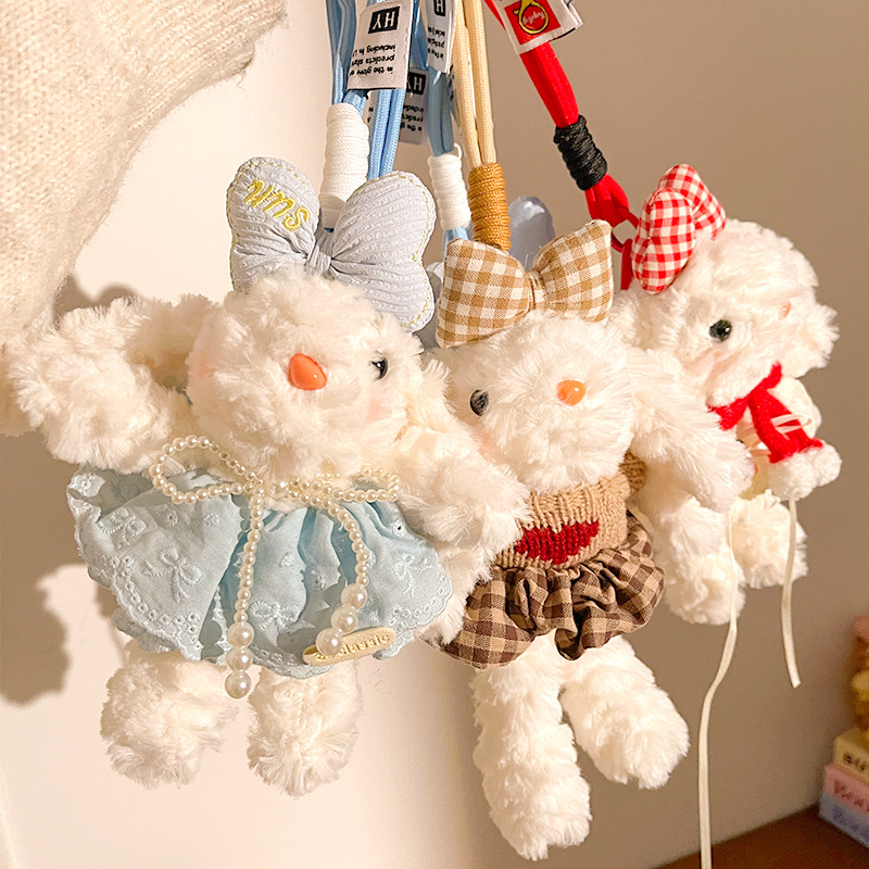 Red Cute Floppy Eared Bunny Plush Doll with Pearl Necklace and Ribbon Dress view 4