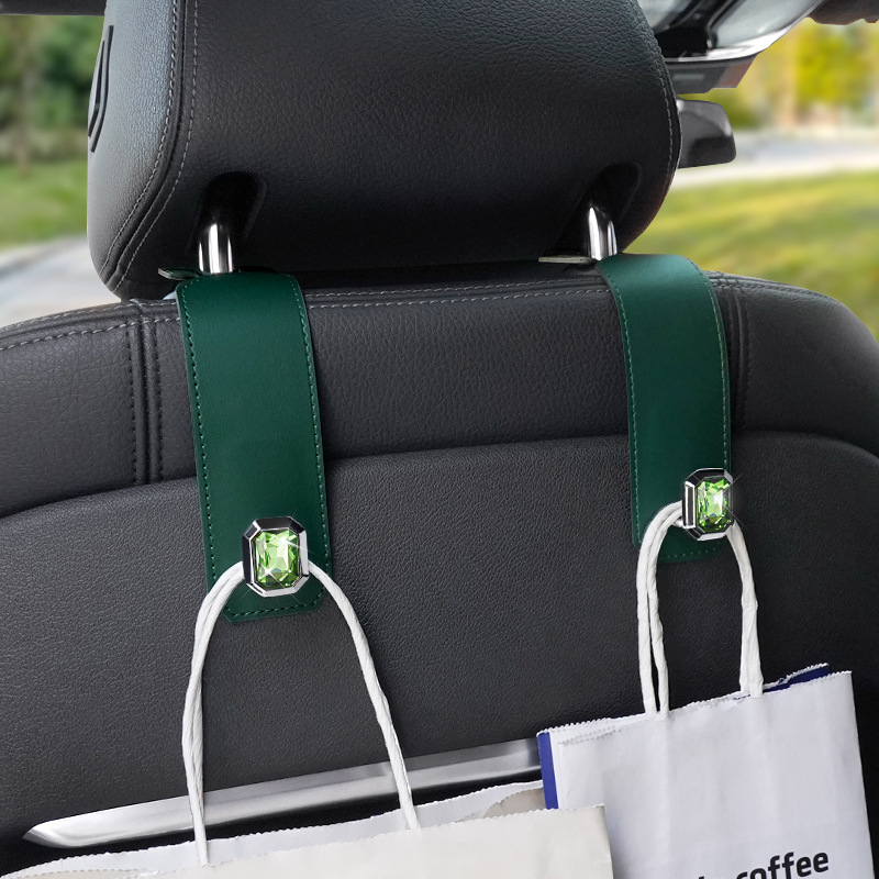 Green Car Multi-Functional PU Leather Hook with Crystal Decoration – Hidden view 4