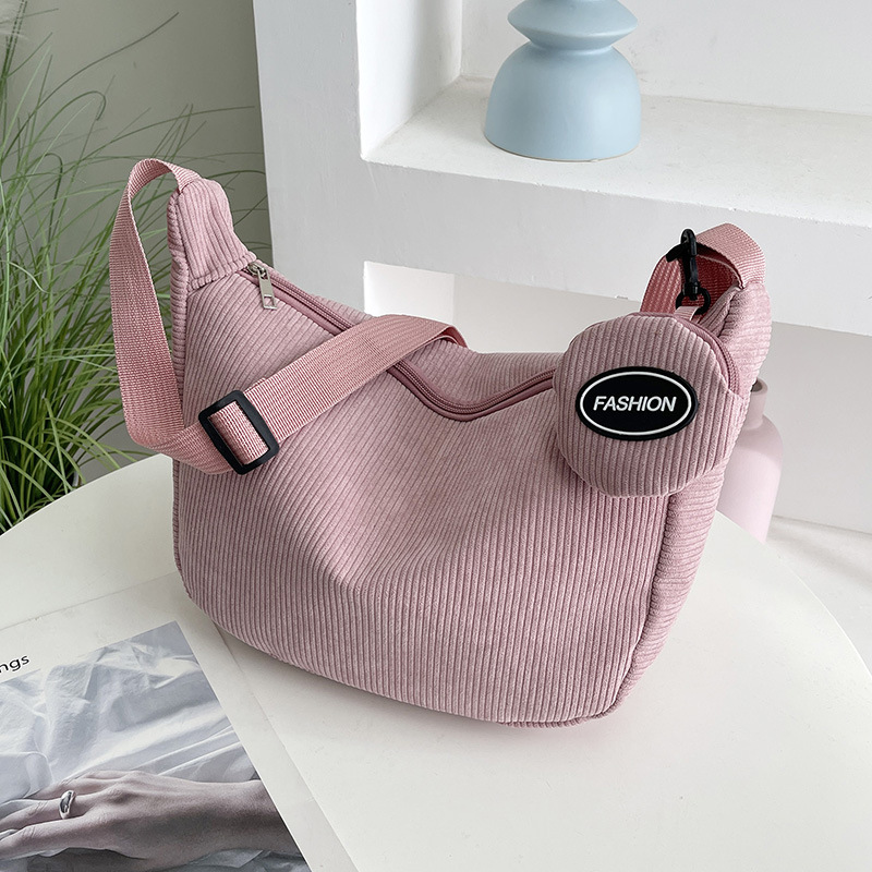 Pink Minimalist Corduroy Crossbody Bag – Large Capacity Single Shoulder &