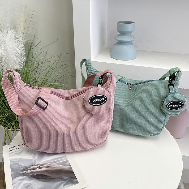 Pink Minimalist Corduroy Crossbody Bag – Large Capacity Single Shoulder & view 3