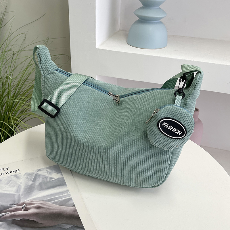 Green Minimalist Corduroy Crossbody Bag – Large Capacity Single Shoulder &