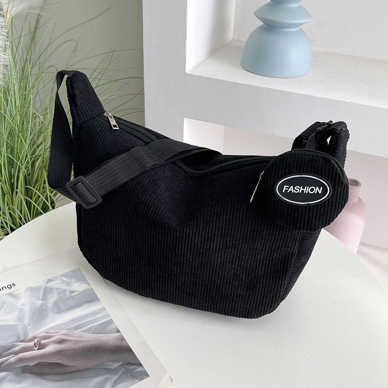 Black Minimalist Corduroy Crossbody Bag – Large Capacity Single Shoulder &