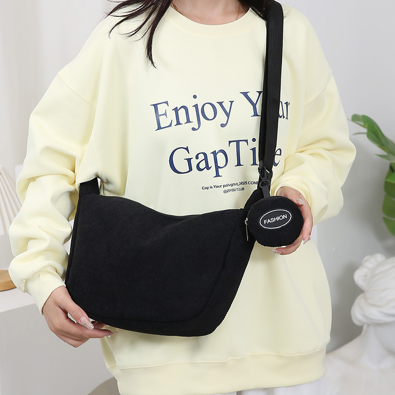 Black Minimalist Corduroy Crossbody Bag – Large Capacity Single Shoulder & view 2